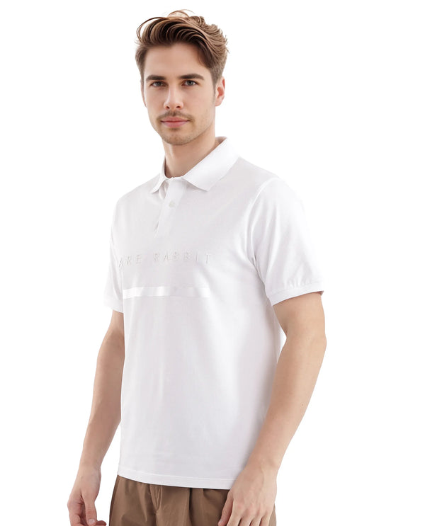 Rare Rabbit Men Nellit White Cotton Blend Fabric Blue Short Sleeve Regular Collar HD Print Branding Polo