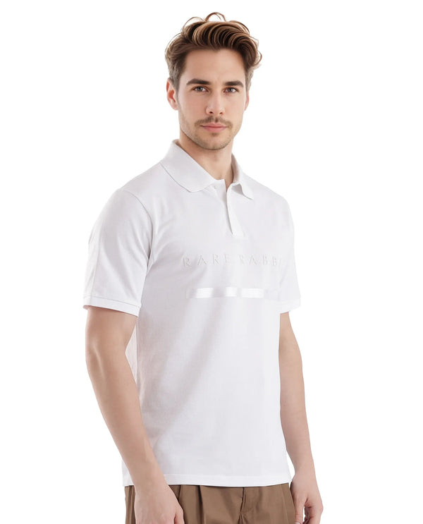 Rare Rabbit Men Nellit White Cotton Blend Fabric Blue Short Sleeve Regular Collar HD Print Branding Polo