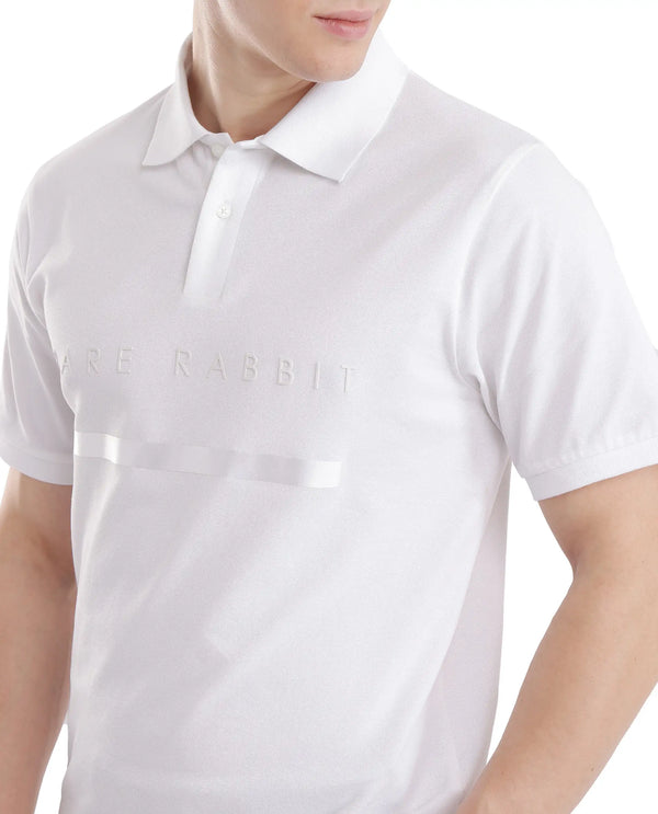 Rare Rabbit Men Nellit White Cotton Blend Fabric Blue Short Sleeve Regular Collar HD Print Branding Polo