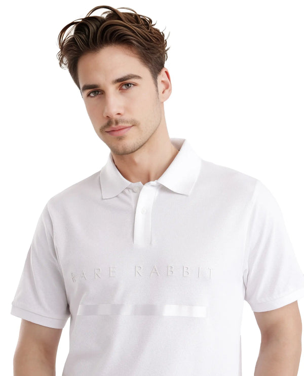 Rare Rabbit Men Nellit White Cotton Blend Fabric Blue Short Sleeve Regular Collar HD Print Branding Polo