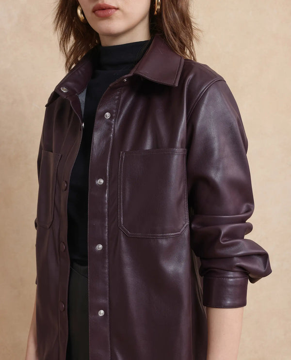 Rareism Women Nemer Maroon Polyester Fabric Short Sleeve Plain Jacket