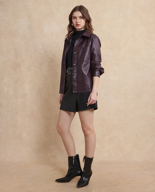 Rareism Women Nemer Maroon Polyester Fabric Short Sleeve Plain Jacket