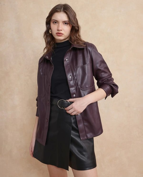 Rareism Women Nemer Maroon Polyester Fabric Short Sleeve Plain Jacket
