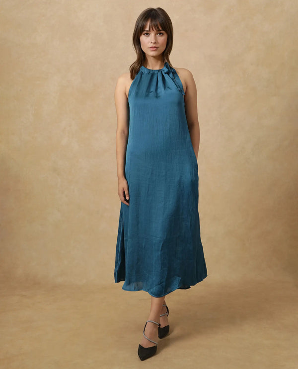 Rareism Women's Neoma Petrol  Halter Neck Tie-Up Closure Sleeveless Plain A-Line Midi Dress