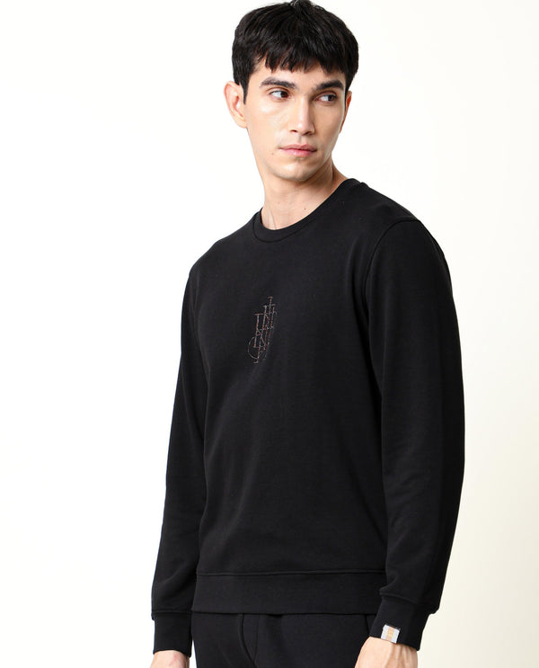 Rare Rabbit Men's Neor Black Cotton Polyester Fabric Full Sleeves Embroidered Branding Sweatshirt