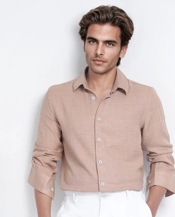 Rare Rabbit Men's Nert Dark Beige Cotton Fabric Full Sleeve Collared Neck Button Closure Plain Shirt