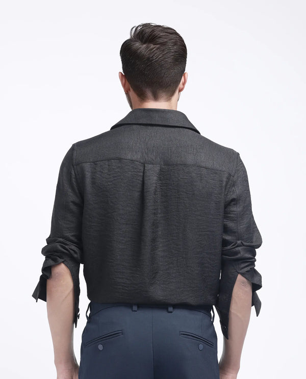 Rare Rabbit Men's Nert Black Linen Fabric Full Sleeve Collared Neck Button Closure Printed Shirt