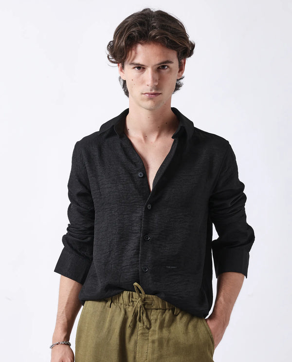 Rare Rabbit Men's Nert Black Linen Fabric Full Sleeve Collared Neck Button Closure Printed Shirt