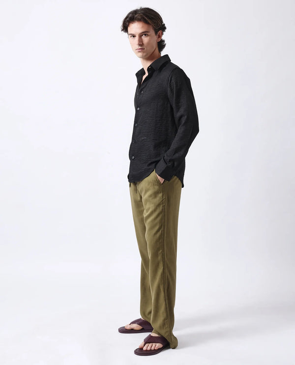 Rare Rabbit Men's Nert Black Linen Fabric Full Sleeve Collared Neck Button Closure Printed Shirt