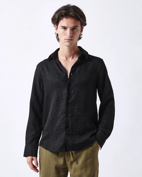 Rare Rabbit Men's Nert Black Linen Fabric Full Sleeve Collared Neck Button Closure Printed Shirt