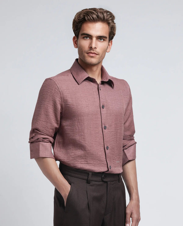 Rare Rabbit Men's Nert Dark Peach Cotton Fabric Full Sleeve Collared Neck Button Closure Plain Shirt