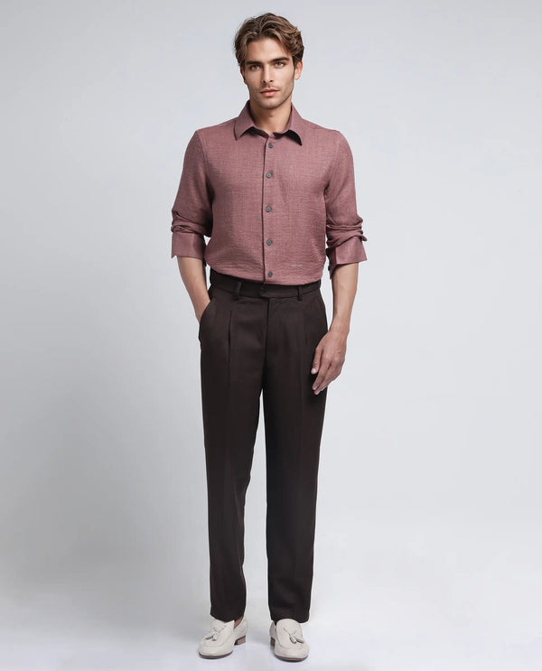 Rare Rabbit Men's Nert Dark Peach Cotton Fabric Full Sleeve Collared Neck Button Closure Plain Shirt