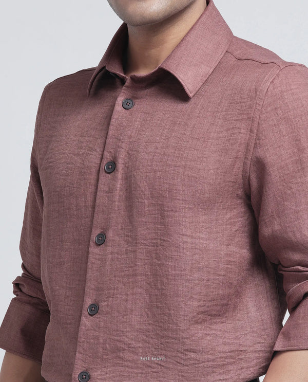 Rare Rabbit Men's Nert Dark Peach Cotton Fabric Full Sleeve Collared Neck Button Closure Plain Shirt