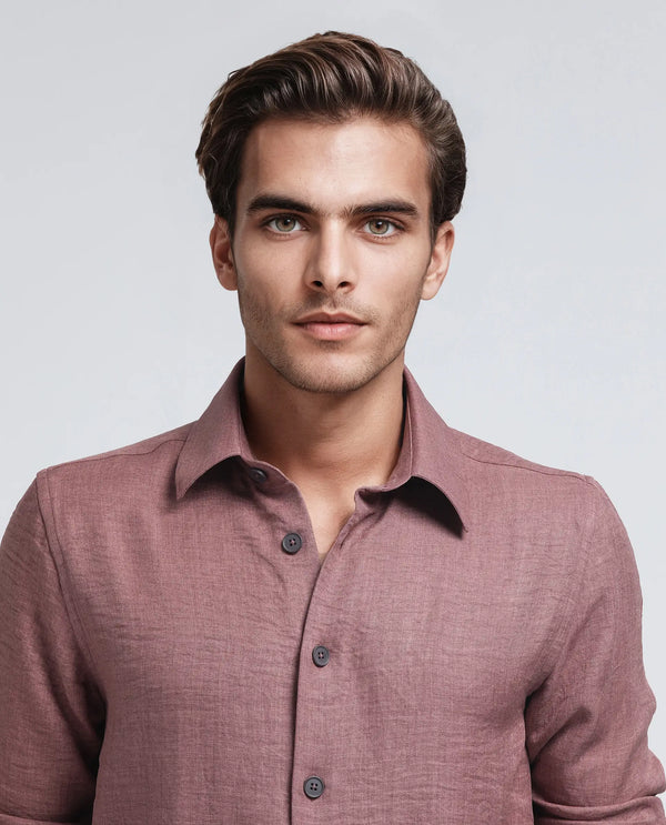 Rare Rabbit Men's Nert Dark Peach Cotton Fabric Full Sleeve Collared Neck Button Closure Plain Shirt