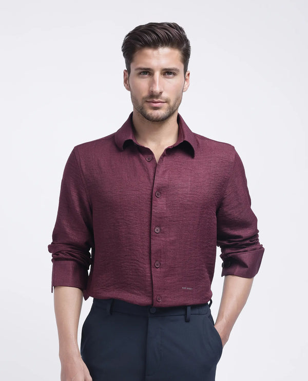 Rare Rabbit Men's Nert Maroon Cotton Fabric Full Sleeve Collared Neck Button Closure Plain Shirt