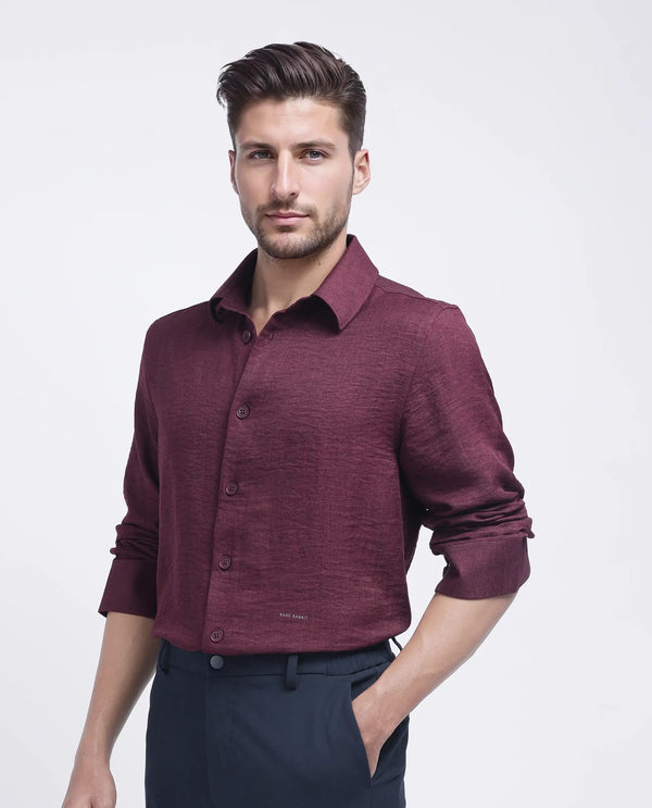 Rare Rabbit Men's Nert Maroon Cotton Fabric Full Sleeve Collared Neck Button Closure Plain Shirt