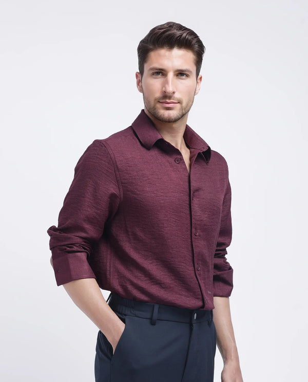 Rare Rabbit Men's Nert Maroon Cotton Fabric Full Sleeve Collared Neck Button Closure Plain Shirt