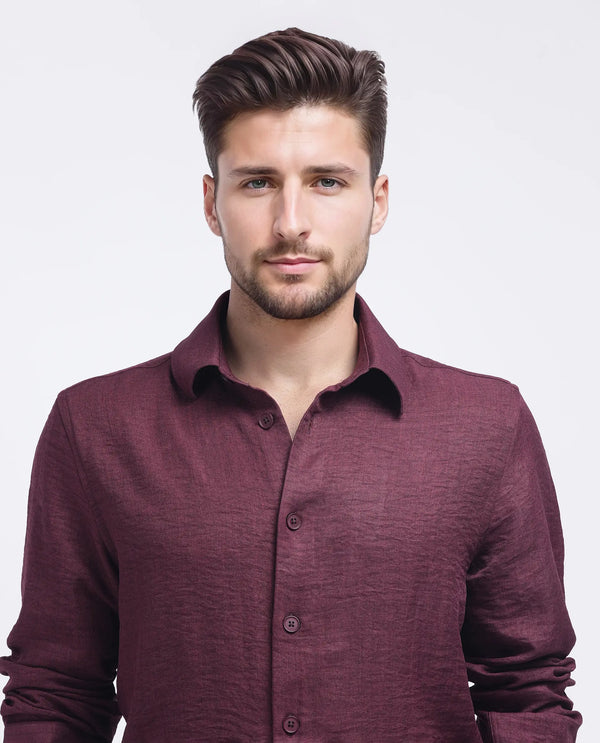 Rare Rabbit Men's Nert Maroon Cotton Fabric Full Sleeve Collared Neck Button Closure Plain Shirt