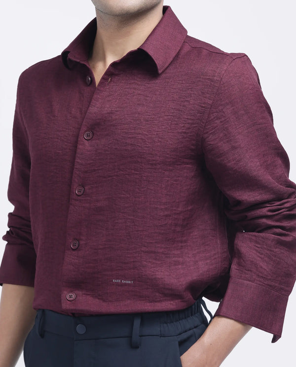 Rare Rabbit Men's Nert Maroon Cotton Fabric Full Sleeve Collared Neck Button Closure Plain Shirt
