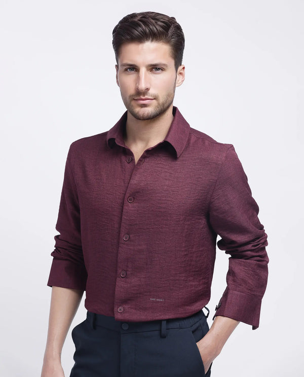 Rare Rabbit Men's Nert Maroon Cotton Fabric Full Sleeve Collared Neck Button Closure Plain Shirt