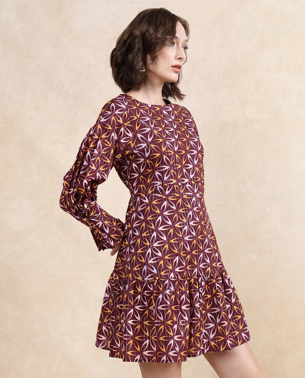 Rareism Women Nesia Multi Cotton Fabric Puffed Sleeve Ruffled Neck Zipper Closure Tiered Fit Knee Length Geometric Print Dress