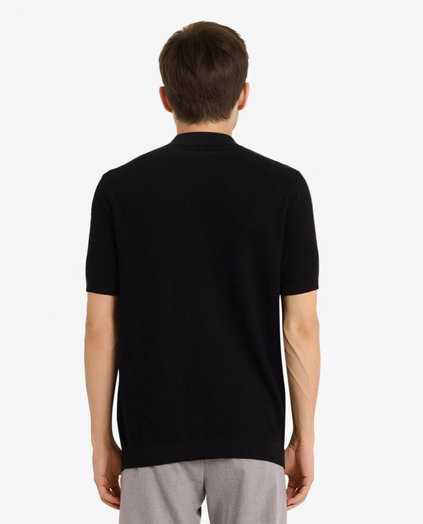 Rare Rabbit Men Nett Black Short Sleeve Collared Collar Zipper Closure Flat Knit Textured Plain Polo