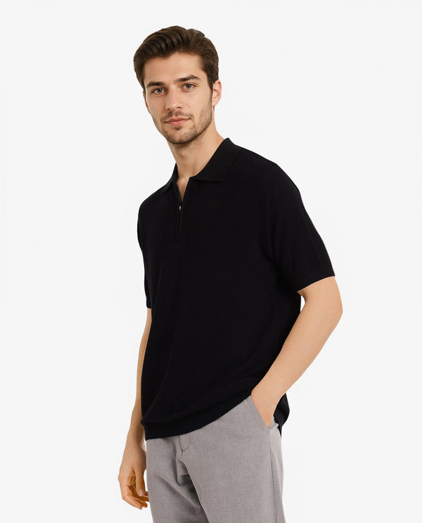 Rare Rabbit Men Nett Black Short Sleeve Collared Collar Zipper Closure Flat Knit Textured Plain Polo