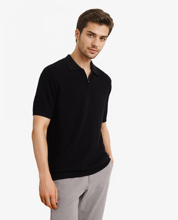 Rare Rabbit Men Nett Black Short Sleeve Collared Collar Zipper Closure Flat Knit Textured Plain Polo