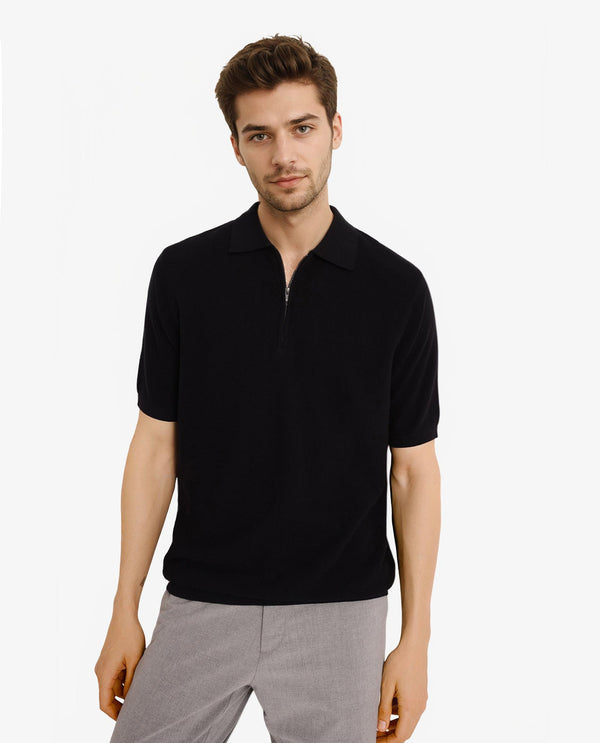 Rare Rabbit Men Nett Black Short Sleeve Collared Collar Zipper Closure Flat Knit Textured Plain Polo