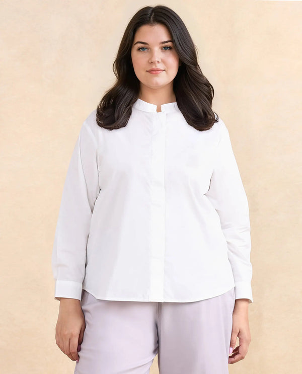 Rareism Women Neuma White Cotton Fabric Regular Sleeves High Neck Button Closure Plain Shirt