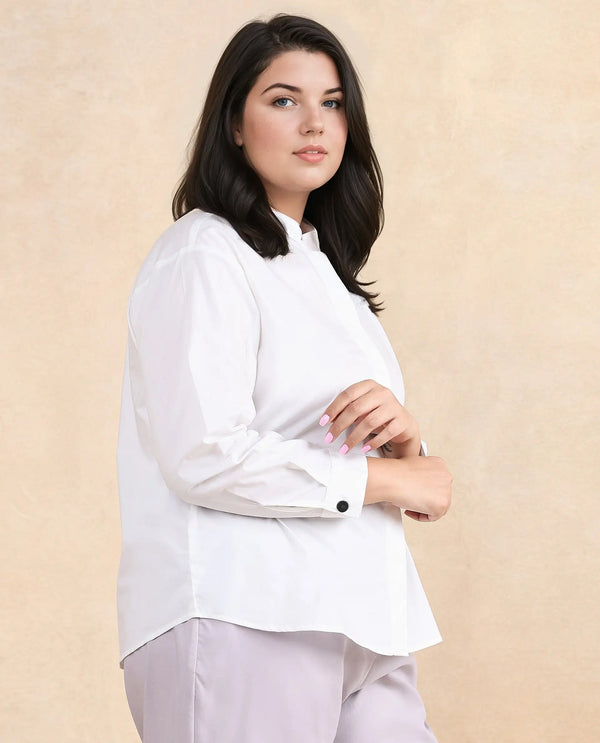 Rareism Women Neuma White Cotton Fabric Regular Sleeves High Neck Button Closure Plain Shirt