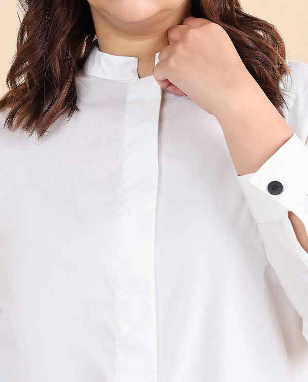 Rareism Women Neuma White Cotton Fabric Regular Sleeves High Neck Button Closure Plain Shirt