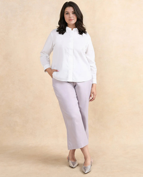 Rareism Women Neuma White Cotton Fabric Regular Sleeves High Neck Button Closure Plain Shirt