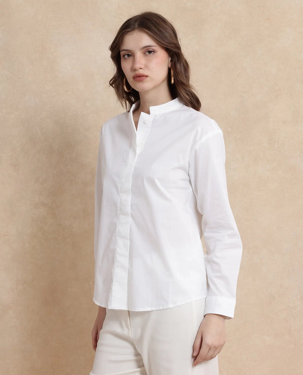 Rareism Women Neuma White Cotton Fabric Regular Sleeves High Neck Button Closure Plain Shirt