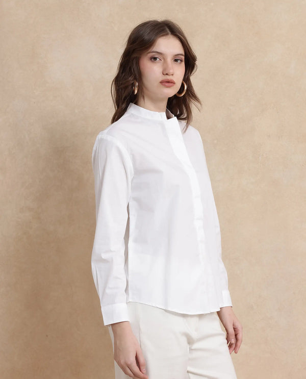 Rareism Women Neuma White Cotton Fabric Regular Sleeves High Neck Button Closure Plain Shirt