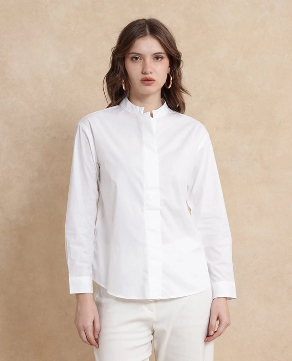 Rareism Women Neuma White Cotton Fabric Regular Sleeves High Neck Button Closure Plain Shirt