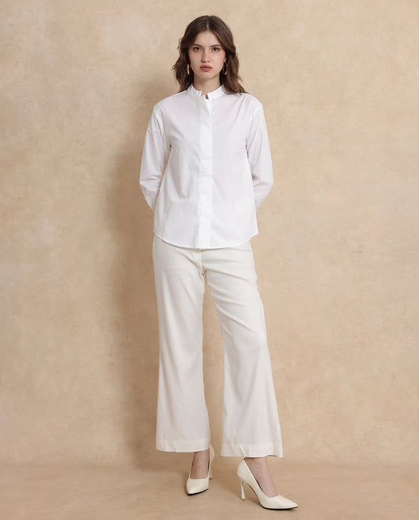 Rareism Women Neuma White Cotton Fabric Regular Sleeves High Neck Button Closure Plain Shirt