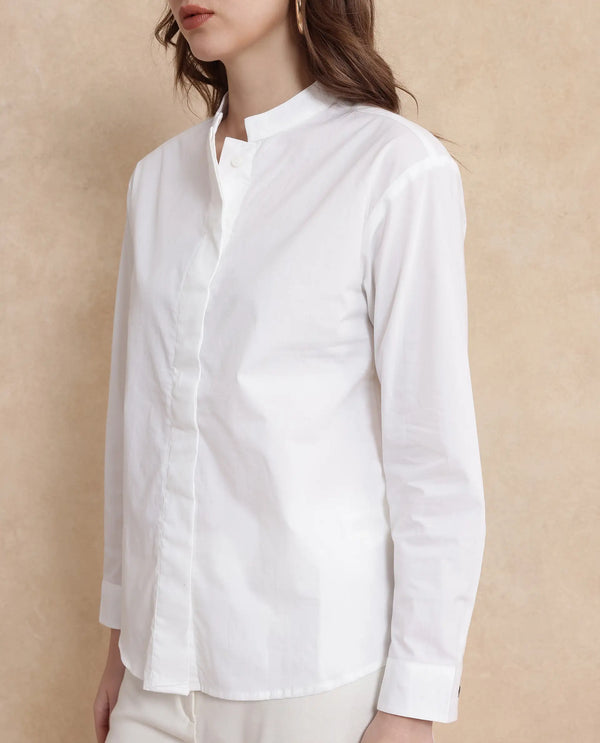 Rareism Women Neuma White Cotton Fabric Regular Sleeves High Neck Button Closure Plain Shirt