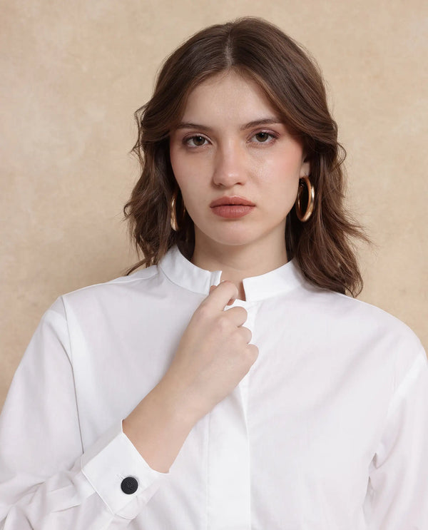 Rareism Women Neuma White Cotton Fabric Regular Sleeves High Neck Button Closure Plain Shirt