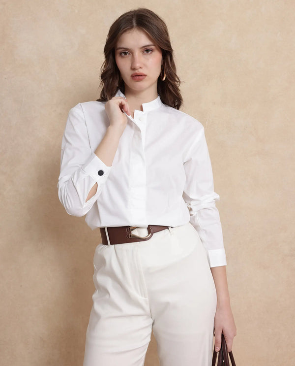 Rareism Women Neuma White Cotton Fabric Regular Sleeves High Neck Button Closure Plain Shirt