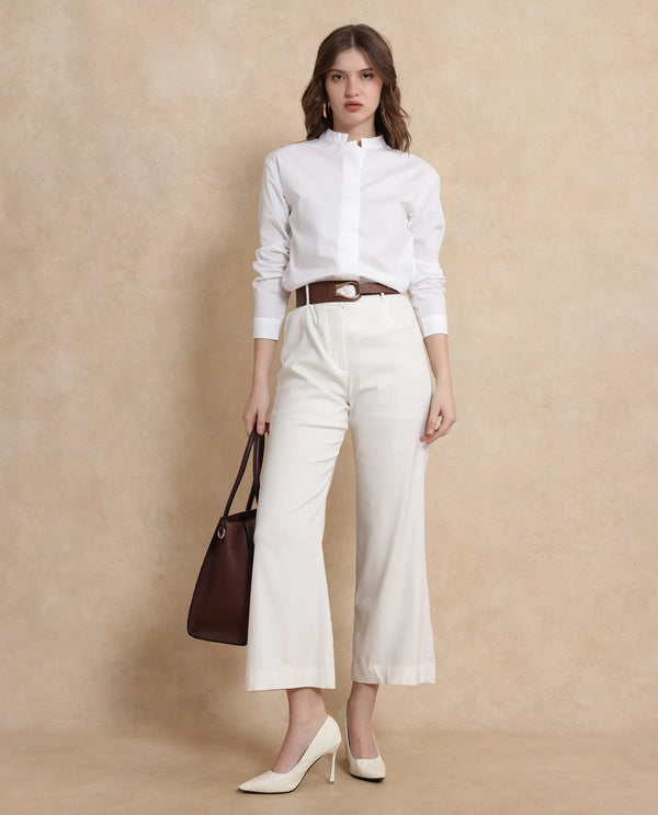 Rareism Women Neuma White Cotton Fabric Regular Sleeves High Neck Button Closure Plain Shirt
