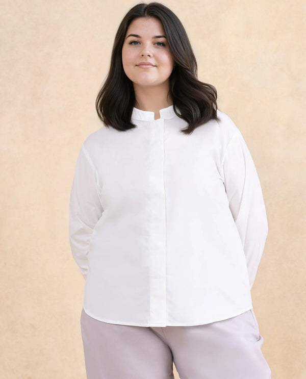 Rareism Women Neuma White Cotton Fabric Regular Sleeves High Neck Button Closure Plain Shirt