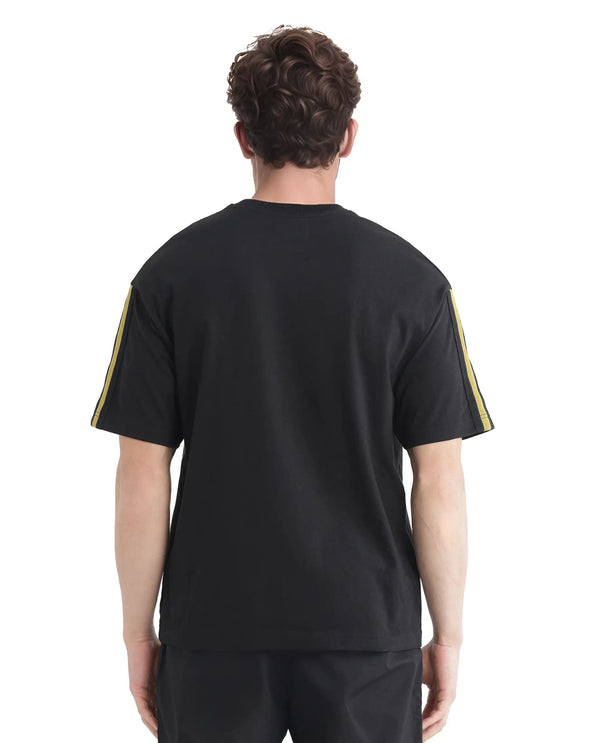 Rare Rabbit Men Newnon-T Black  Cotton Fabric Short Sleeves Tape Detailed Boxy Fit Crew Neck Plain T-Shirt