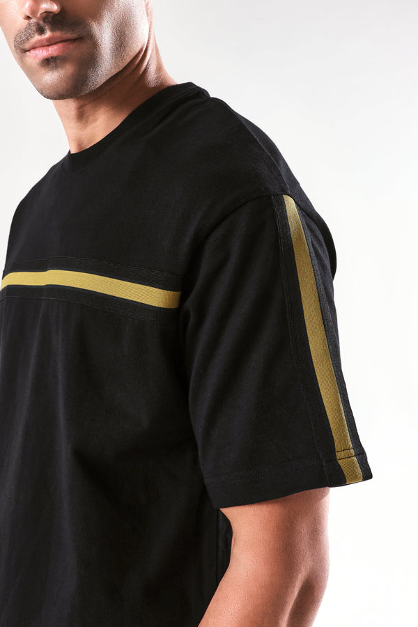 Rare Rabbit Men Newnon-T Black  Cotton Fabric Short Sleeves Tape Detailed Boxy Fit Crew Neck Plain T-Shirt
