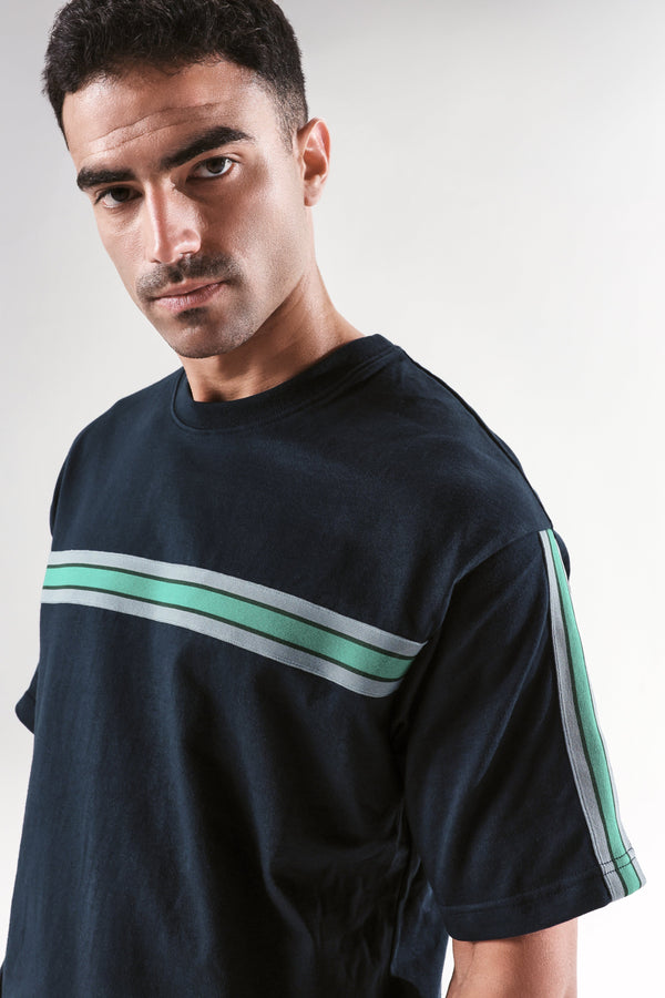 Rare Rabbit Men Newnon-T Navy Cotton Fabric Short Sleeves Tape Detailed Boxy Fit Crew Neck Plain T-Shirt