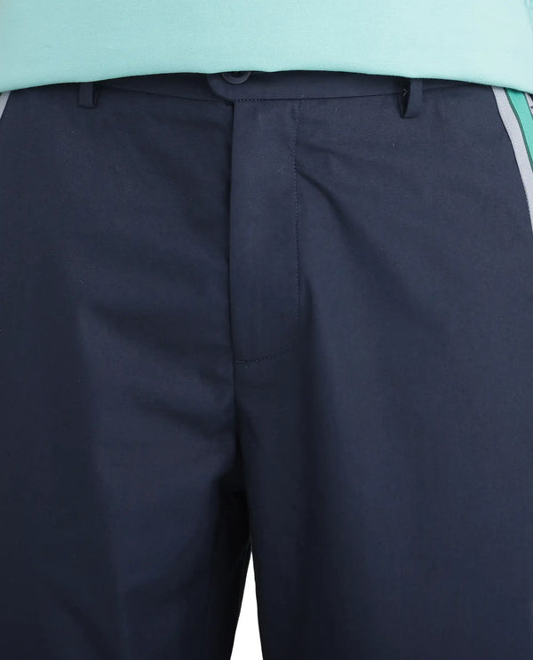 Rare Rabbit Men Newnon Navy Cotton Fabric Mid Rise Baggy Fit Side Slit with Snap Button Closure Tape Detailing Track Pant
