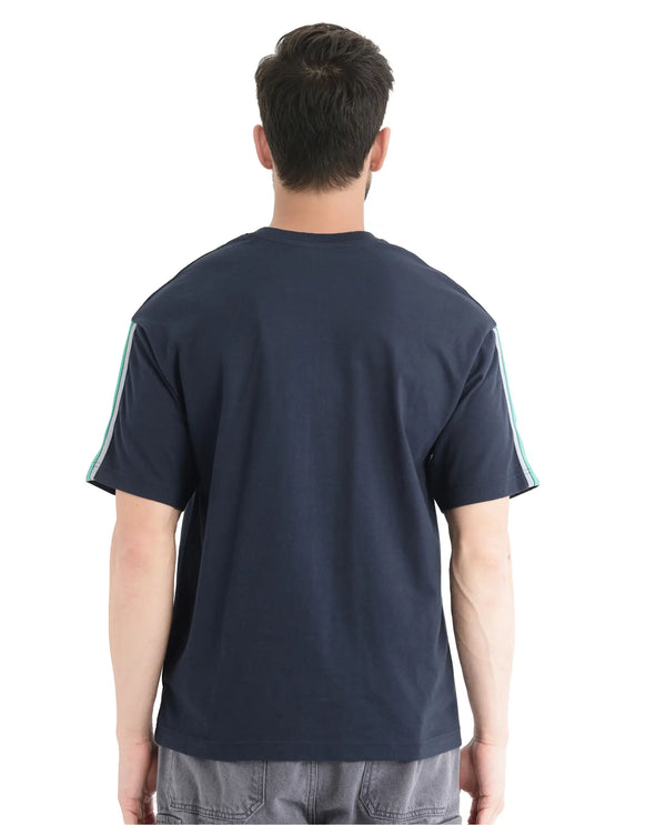 Rare Rabbit Men Newnon-T Navy Cotton Fabric Short Sleeves Tape Detailed Boxy Fit Crew Neck Plain T-Shirt
