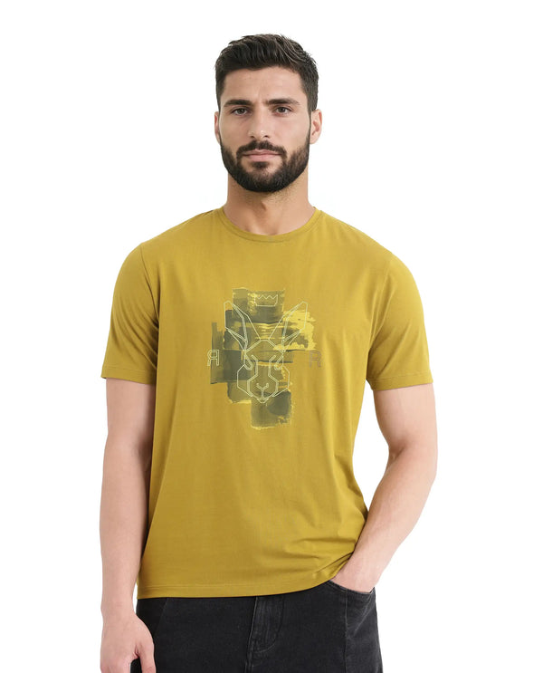 Rare Rabbit Men Nexi Olive Cotton Blend Fabric Short Sleeve Crew Neck HD Print Logo T-Shirt