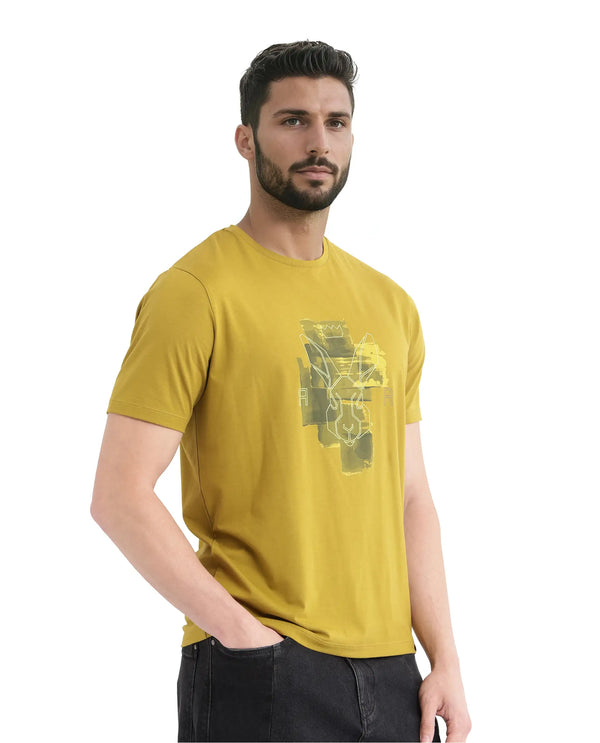 Rare Rabbit Men Nexi Olive Cotton Blend Fabric Short Sleeve Crew Neck HD Print Logo T-Shirt