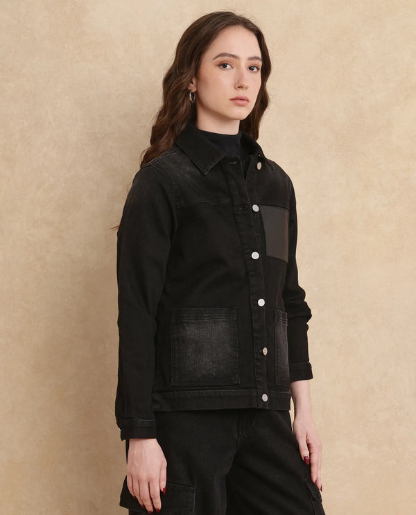 Rareism Women Nexus Black Cotton Polyester Fabric Full Sleeve Collared Neck Boxy Fit Plain Jacket